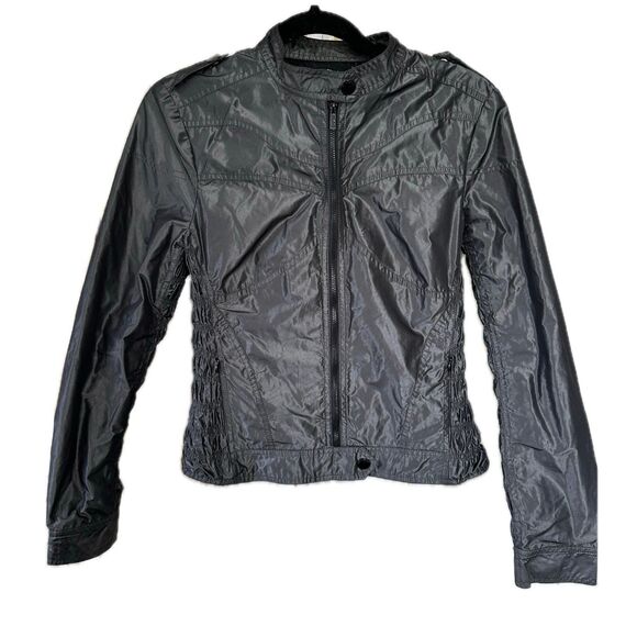 Bebe Sport Y2K Shiny Metal Black Side Arm Rouching Zip Up Motorcycle Jacket M - Picture 1 of 8